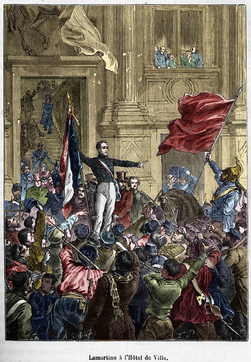Lamartine (1790 - 1869), refusing the red flag for the tricolor flag, at the Town Hall. Paris, 26 February 1848. Bianchetti collection by Unknown artist