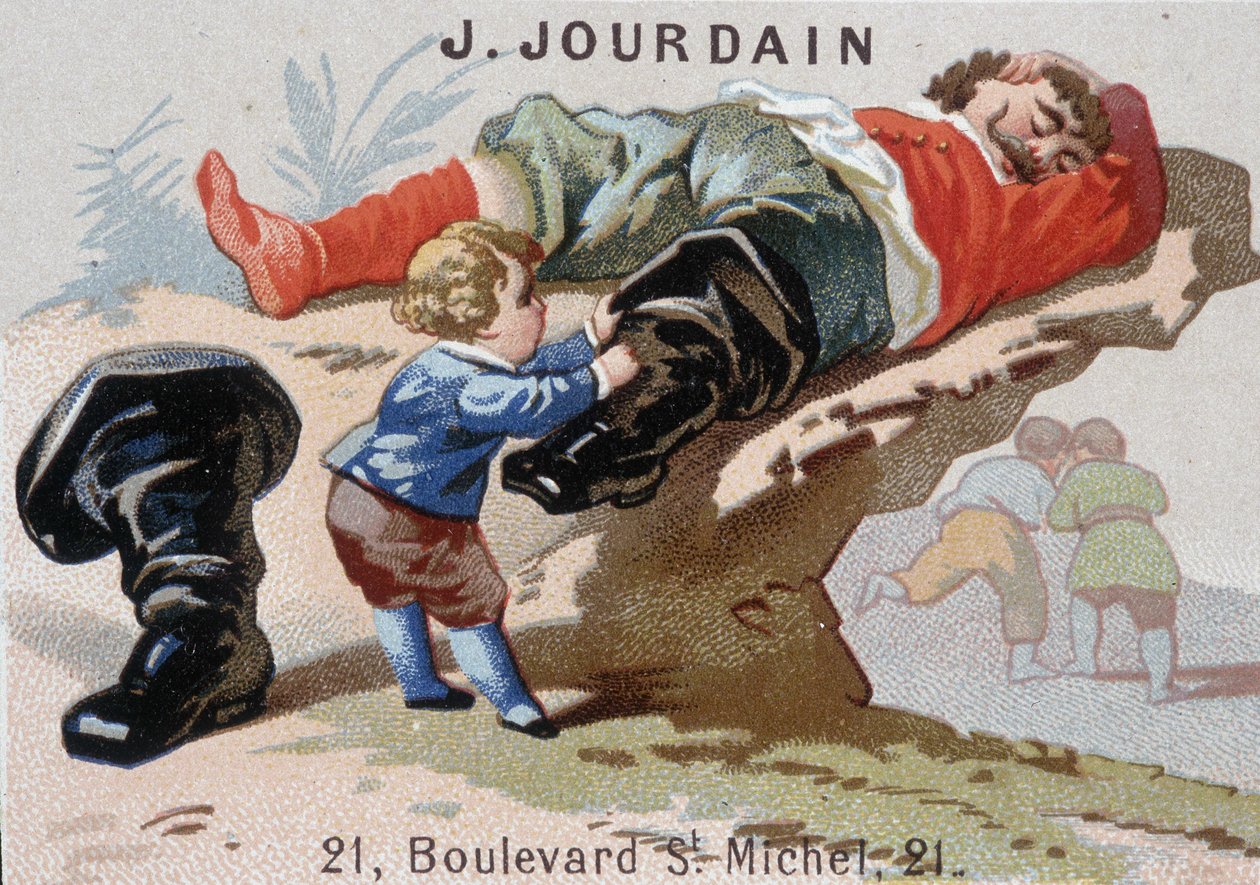 Le Petite Poucet removes its seven-leagues boots with the sleeping ogre - Advertising label Jourdain by Unknown artist