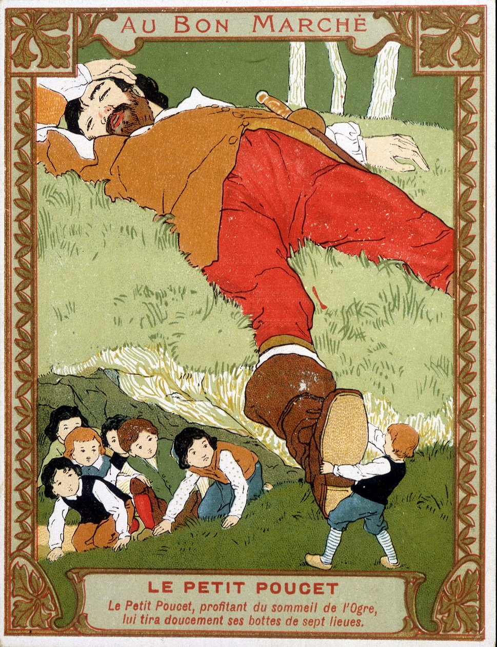 Le Petite Poucet takes off his seven-leagues boots to the sleeping ogre - Bon Marché advertising label, end 19th century by Unknown artist