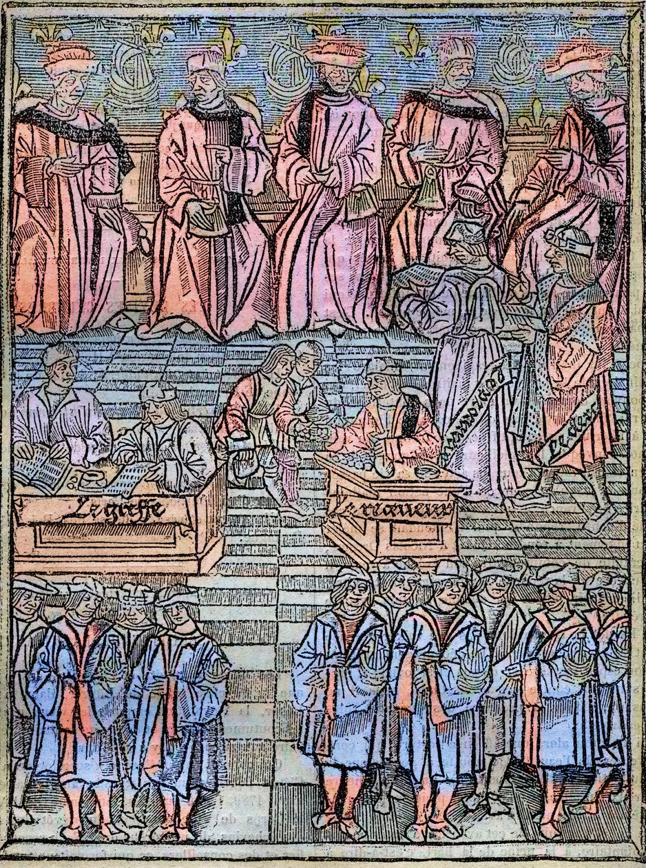 Provost of merchants and aldermen of Paris, scene of tax collection, title page from 