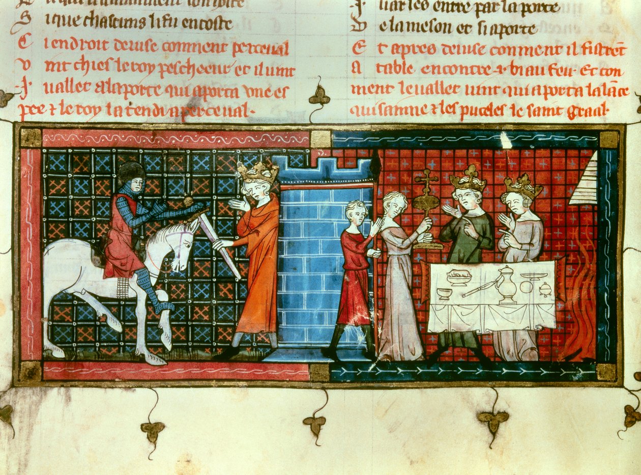Perceval Receiving a Sword from King Pescheor. Procession of the Holy Grail. Miniature from 