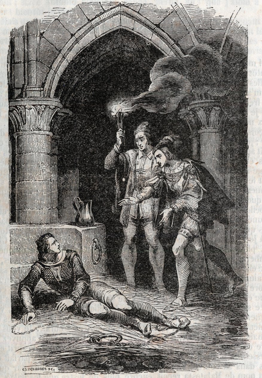 Leon (Leone) delivers Roger (Ruggero, Ruggiero) - engraving of 1851 from Roland furieux (Orlando furioso) (16th century) by Ludovico Ariosto, known as the Ariosta - Edition translated from Italian by the Count of Tressan and published by Gustave Harvard by Unknown artist