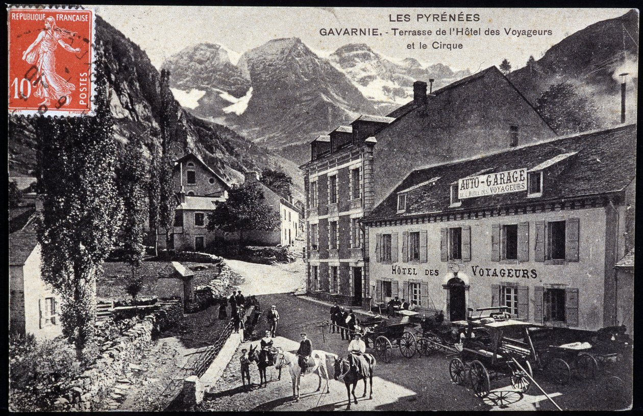 The Pyrenees, Gavarnie: terrace of the Hotel des Voyageurs and the circus - postcard, late 19th century by Unknown artist
