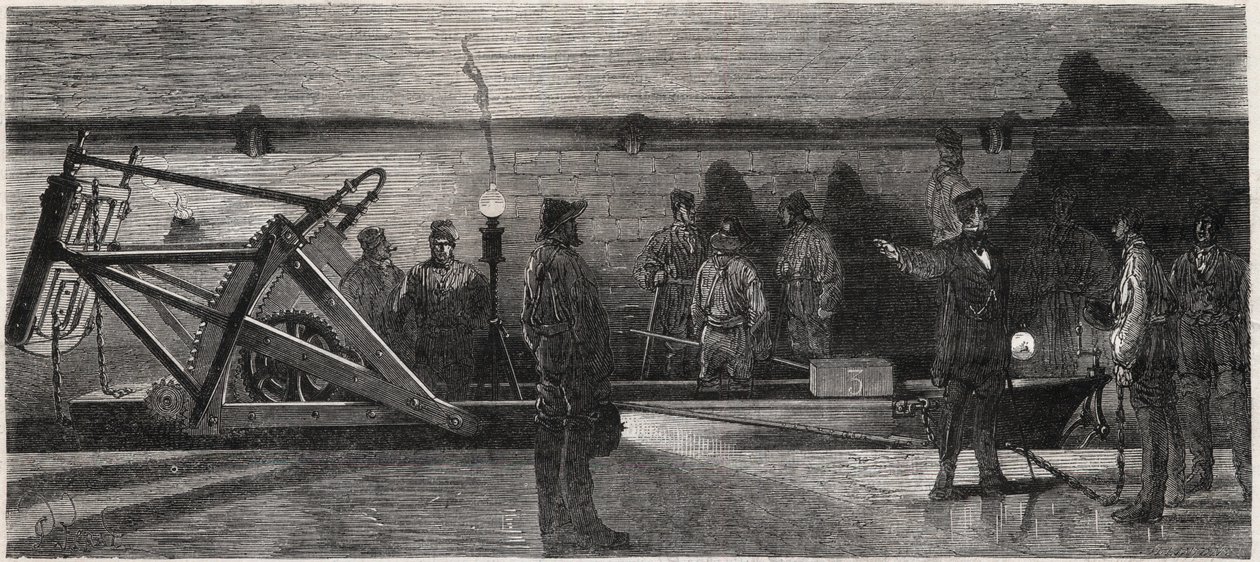 The sewers of Paris: a flushing boat used for cleaning the collector sewer - Engraving from Le Monde Illustré by Unknown artist