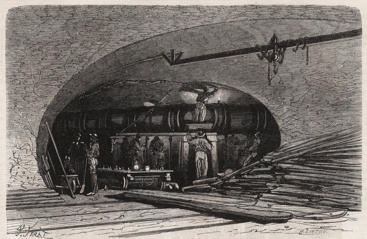 Les egouts de Paris: bend of the pipe near the Saint Michel bridge, place du Chatelet - Engraving in 