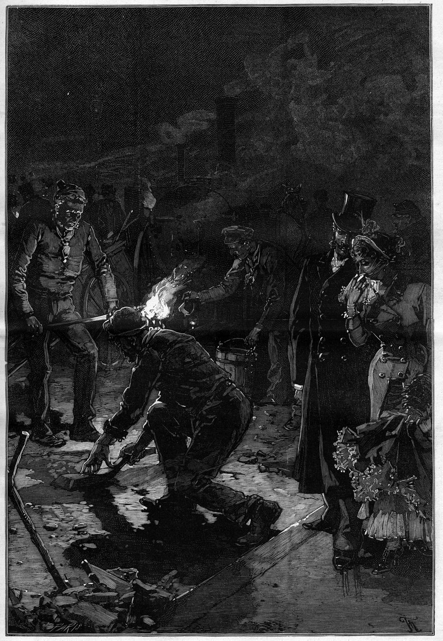 Workers laying asphalt near the Theatre Francais in the streets of Paris and working on the site at night. Engraving in 
