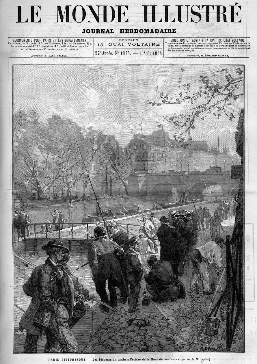 Morning fishermen at the Monnaie lock in Paris. Engraving in 