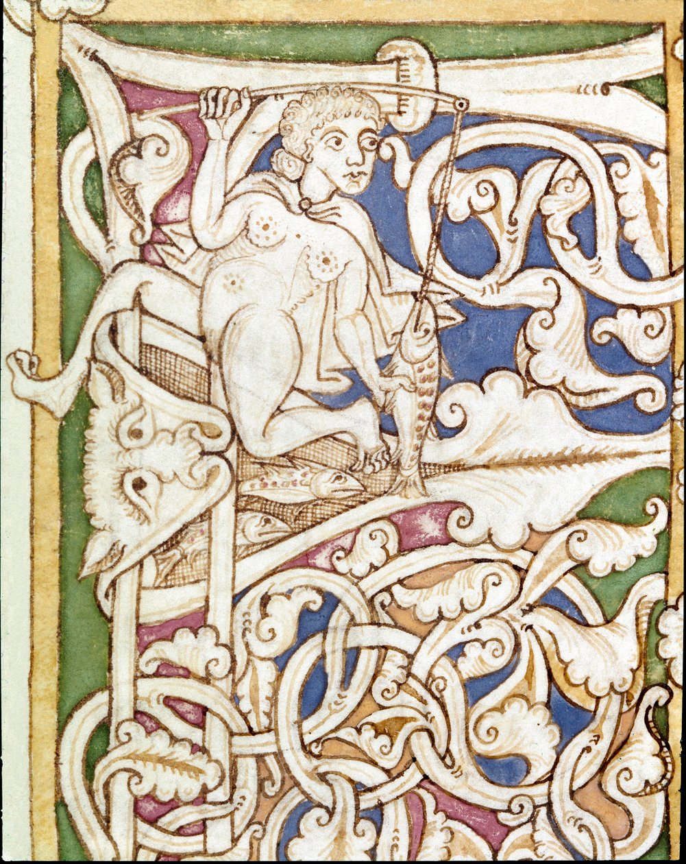 Lettrine P decorated with the representation of a woman fishing a fish by Unknown artist