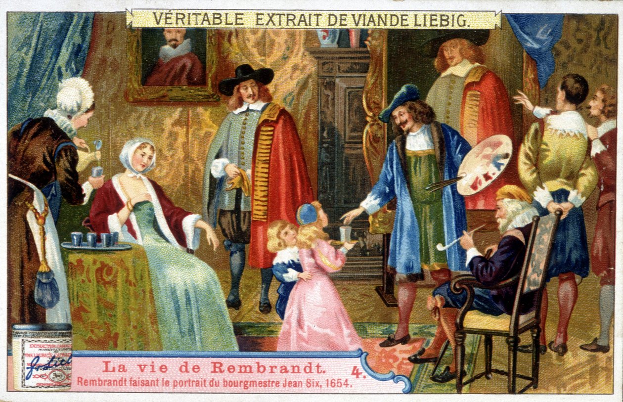 Liebig chromolithography on the life of Rembrandt (1606-1669) Dutch painter, portraying mayor Jean Six in 1654 by Unknown artist