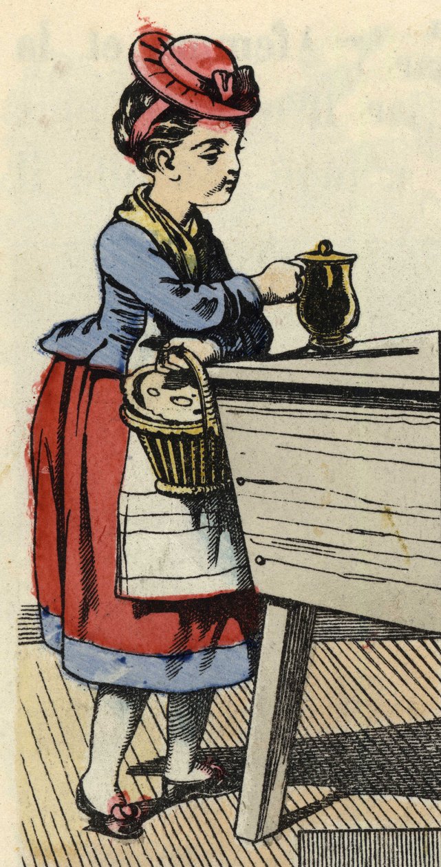 Little Red Riding Hood puts food for her grandmother on the huche. Illustration of the tale 