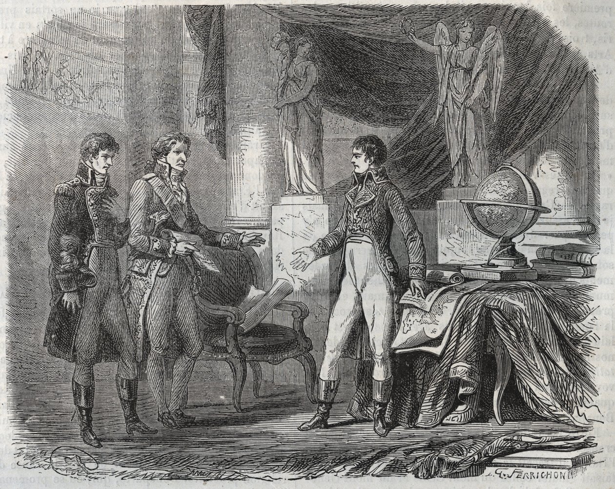 Lord Cornwallis (1738-1805) negotiating the Treaty of Amiens (1802) with Napoleon Bonaparte (1769-1821) - the Peace of Amiens, France - Treaty signed March 1802 which ended the Revolutionary Wars by Unknown artist