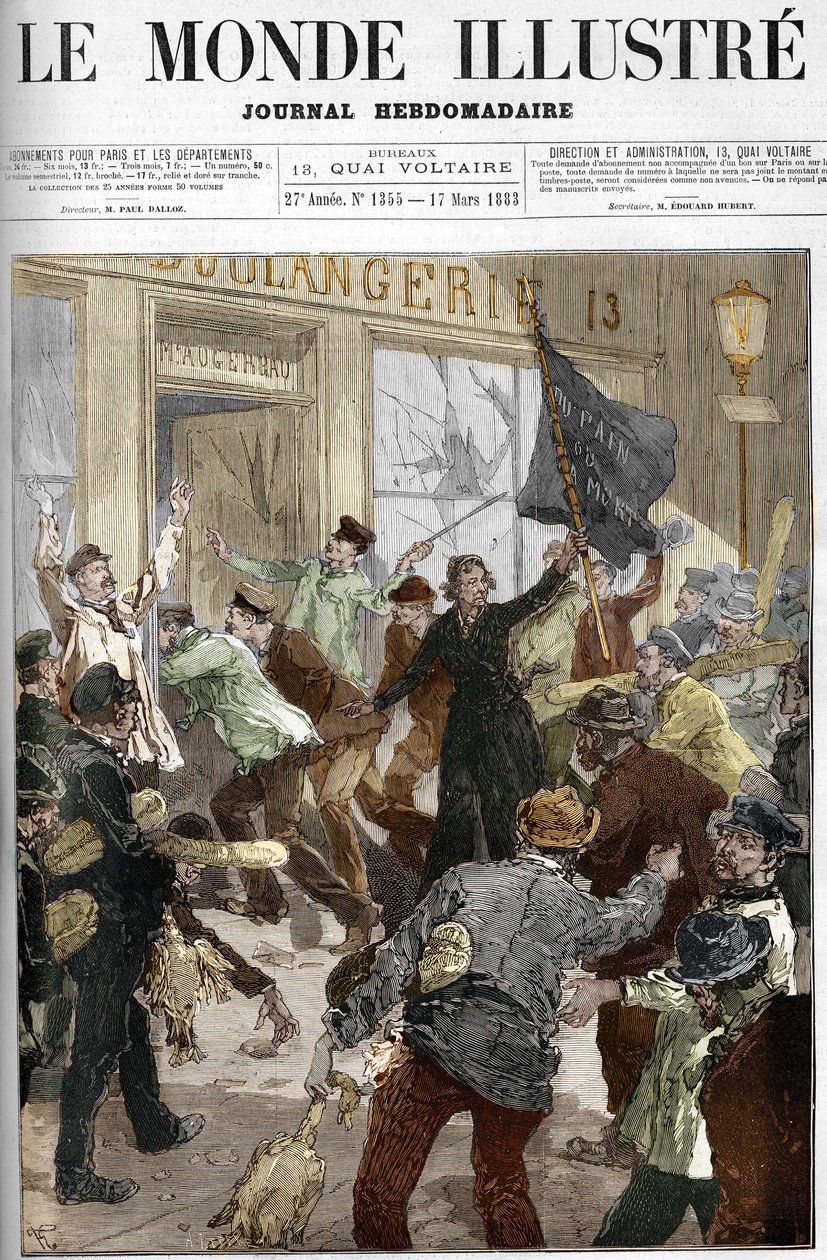 Louise Michel (1833-1905), French revolutionary, waving a black flag inscribed 