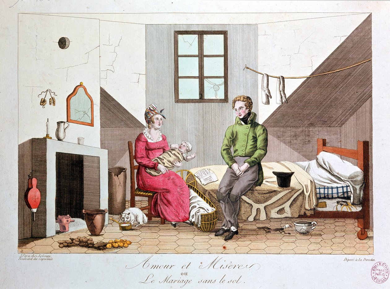 Love and misery or marriage without the ground, poor household, early 19th century by Unknown artist