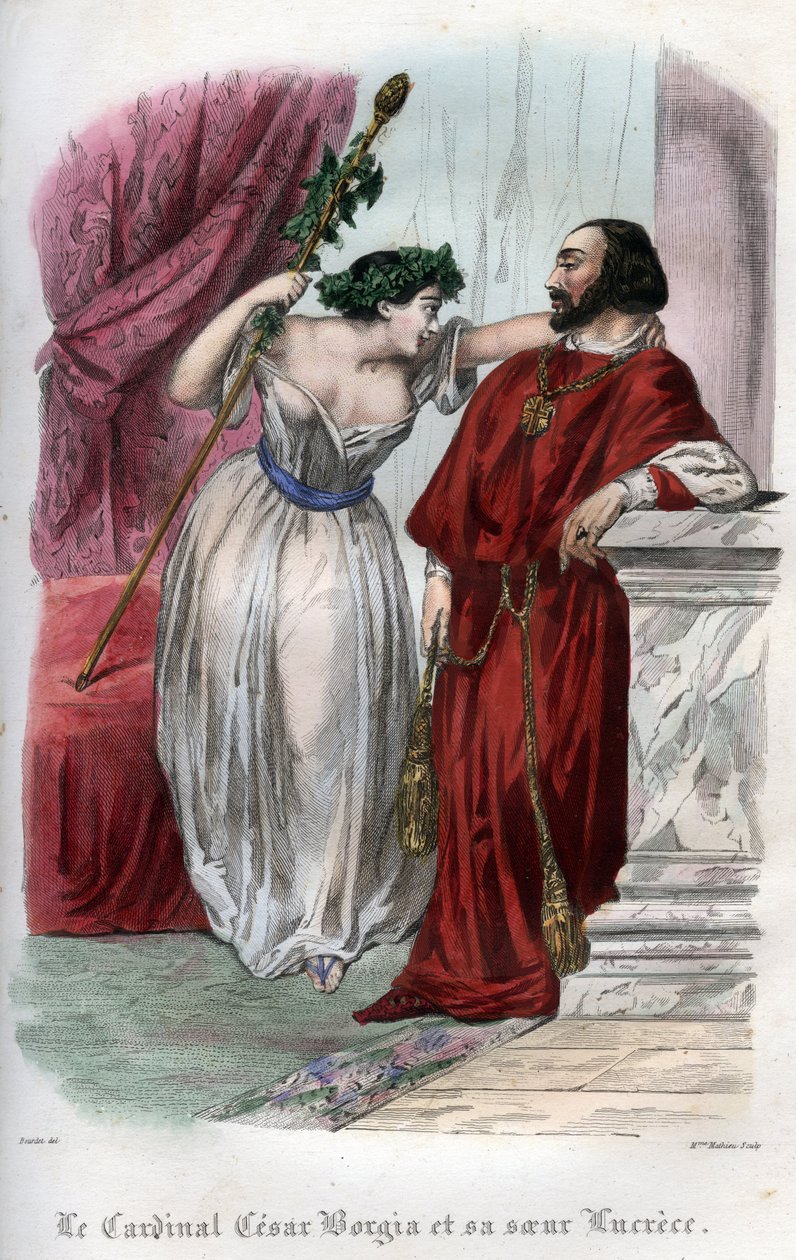 Lucrece Borgia (1480-1519) with her brother Cesar Borgia. Engraving from 1842 in 