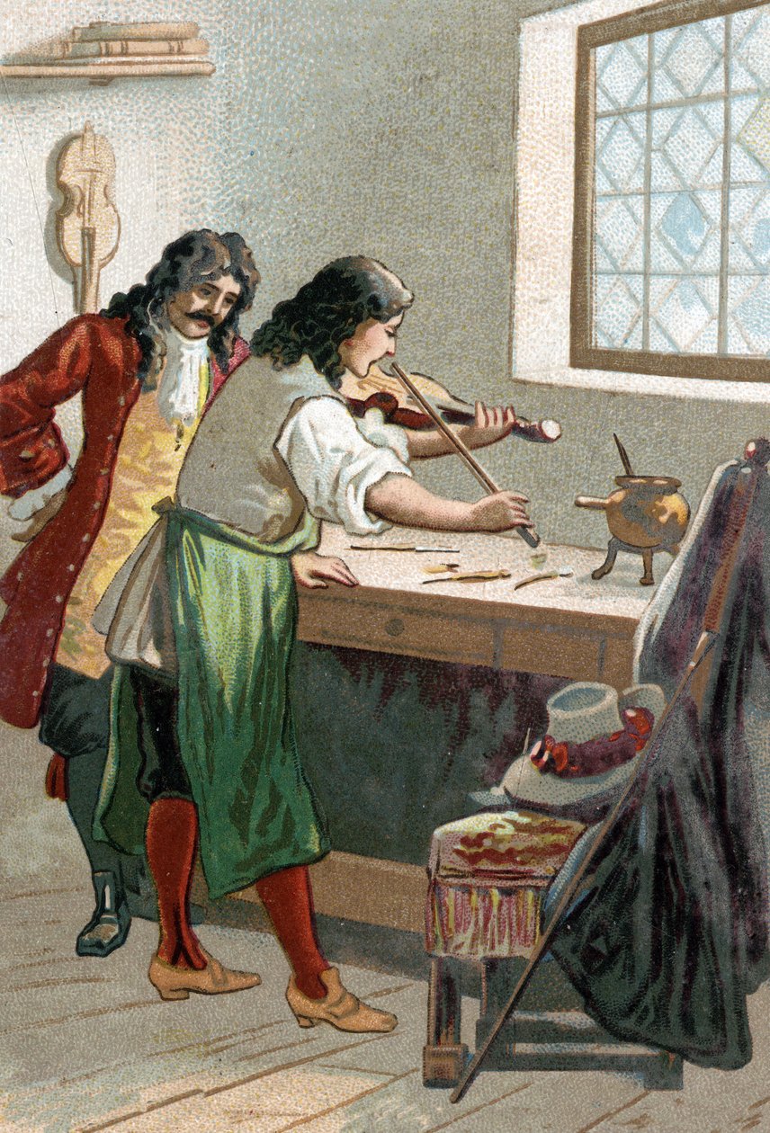 Luthier Stradivarius (Antonio Stradivari) in his workshop. Chromolithography of the 19th century by Unknown artist