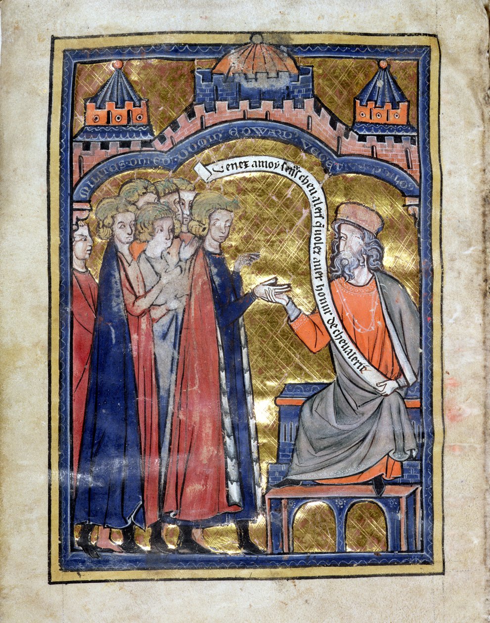 MS. Marlay. Add.1.f2b De Re Militari, Vegitius Receiving the Young Prince Edward (1239-1307) and His Companions by Unknown artist