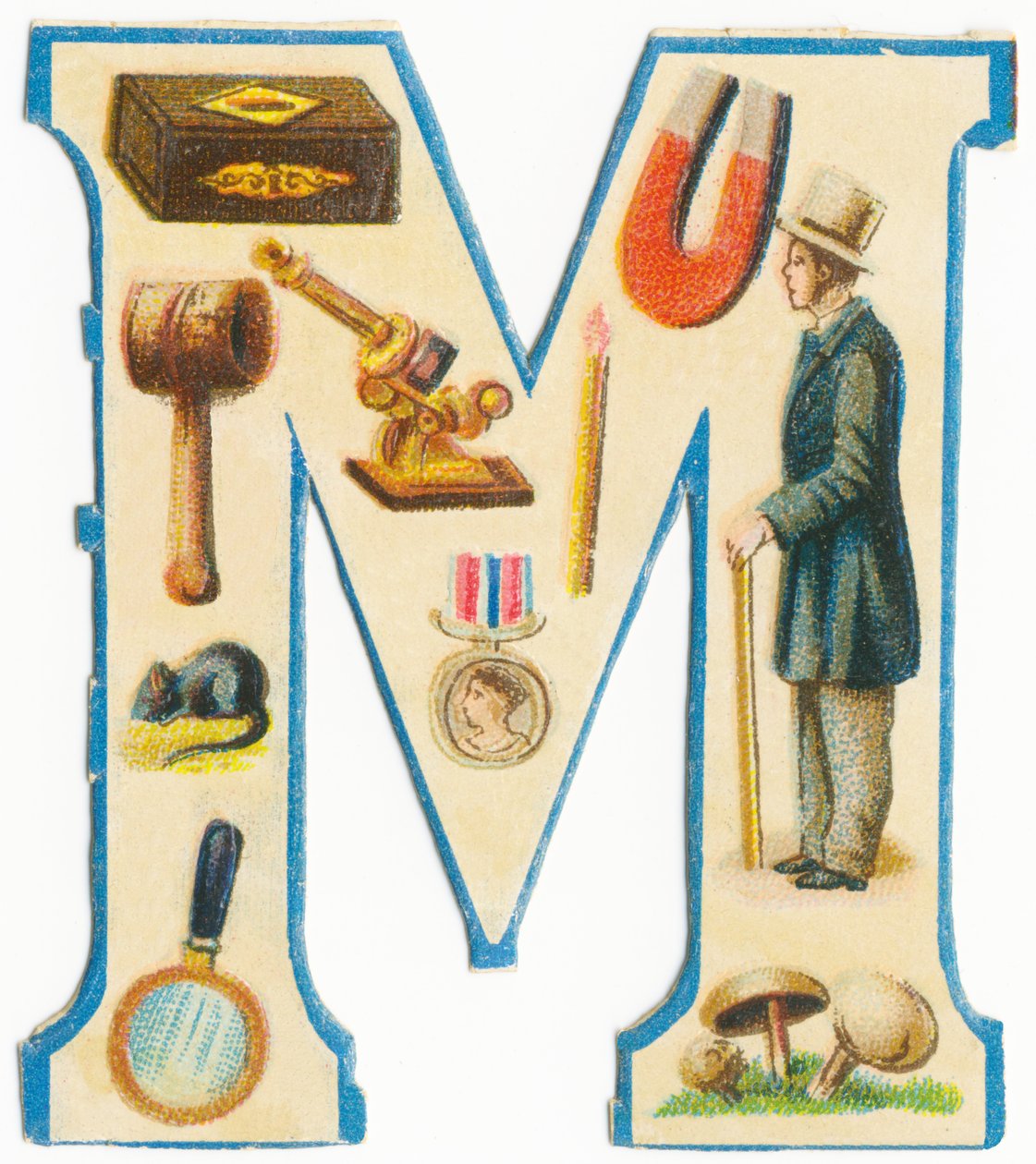 M: Matches, Magnet, Mallet, Microscope, Mouse, Medal, Man, Magnifying Glass, Mushrooms by Unknown artist