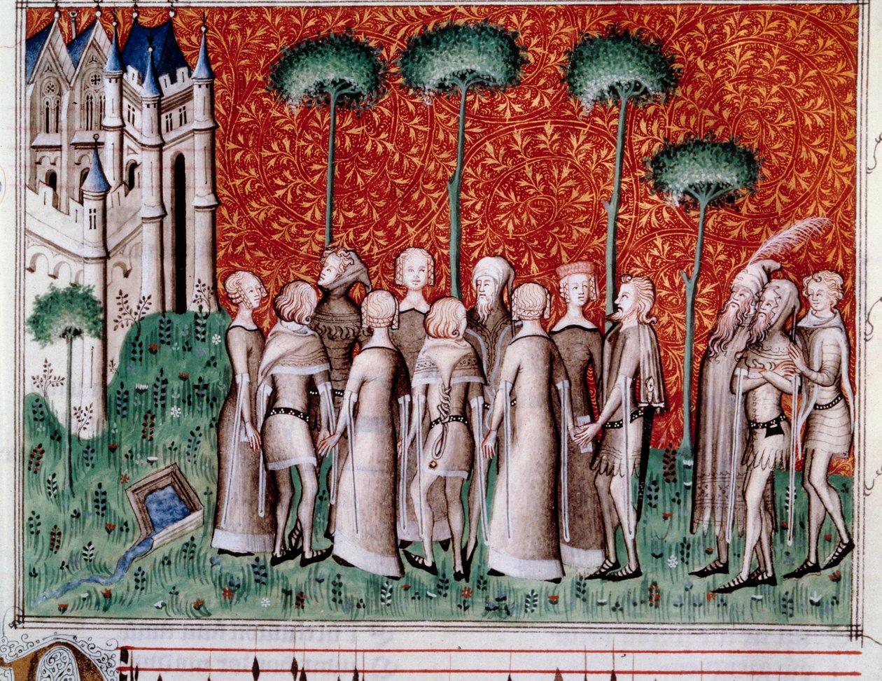 Machaut finding his lady. Miniature from a score in 'Remede de Fortune ...