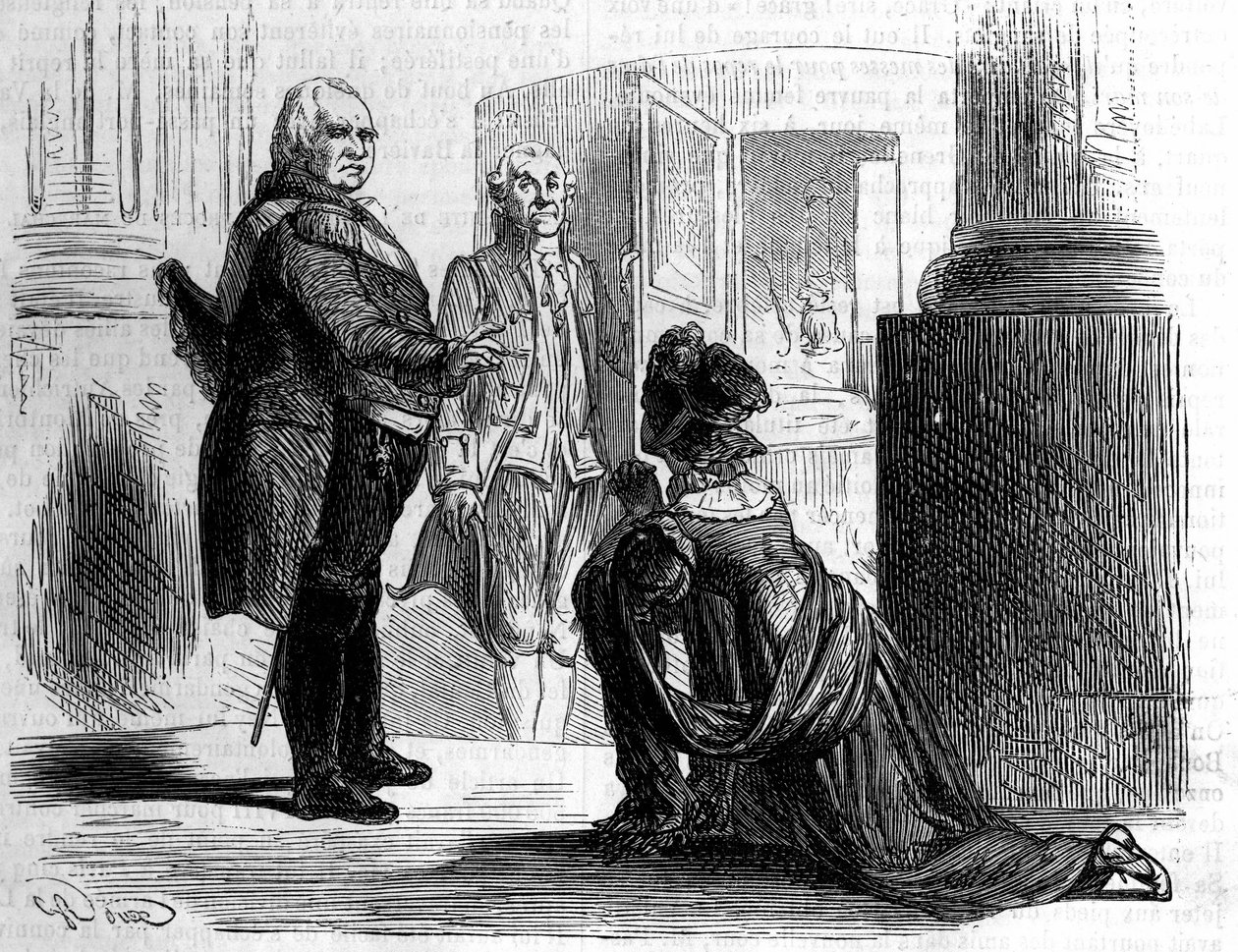 Madame the Countess of Labedoyere on the knees of Louis XVIII King of France by Unknown artist