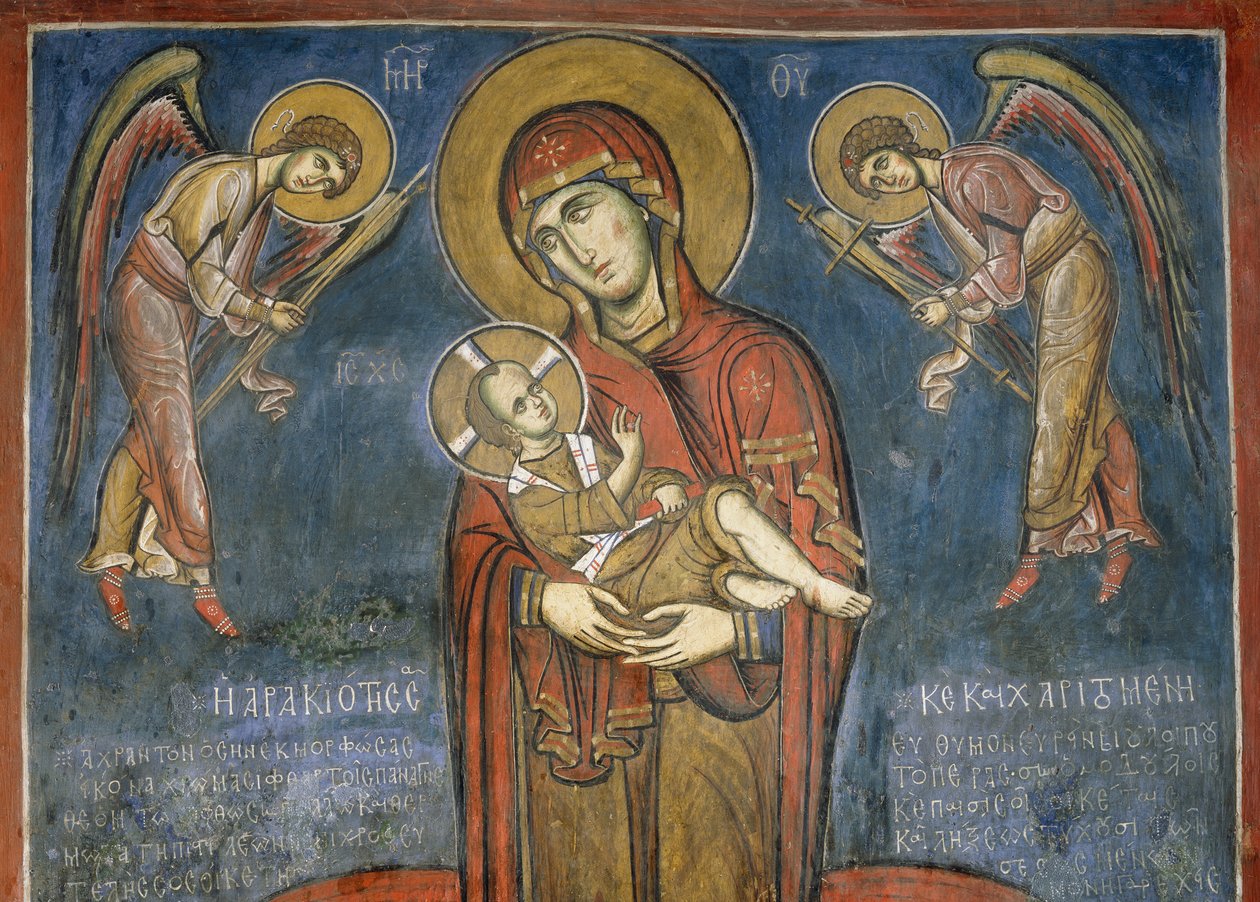 Madonna with Child between Archangels, fresco (1192), Panayia Tou Araka Church (Church of Our Lady of Pea) by Unknown artist