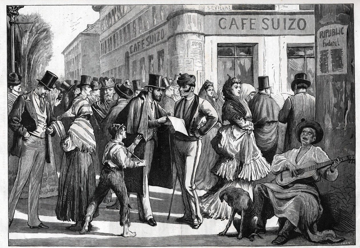 Madrid in 1873. Walkers at the corner of Seville Street and Alcala Street by Unknown artist