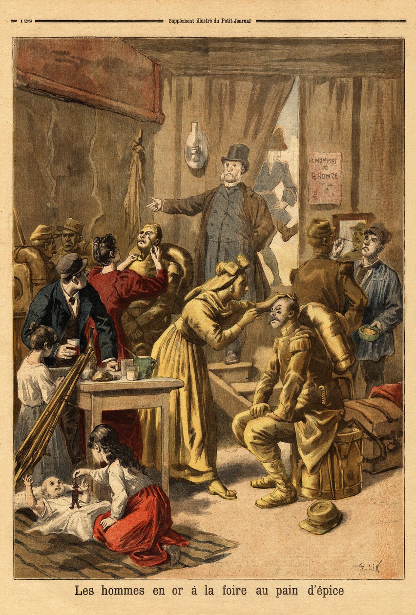 Makeup of actors of a living painting Men in Gold for the gingerbread fair. Engraving in Le petit journal 16/04/1894. Selva
