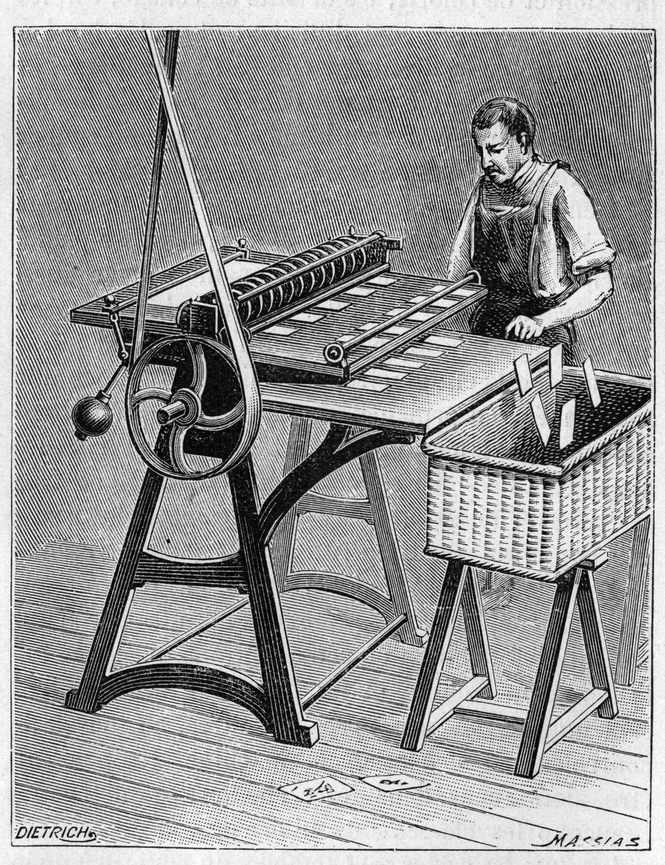 Making cards to play by old methods. Decoupage of playing cards. Engraving from 1893 by Unknown artist