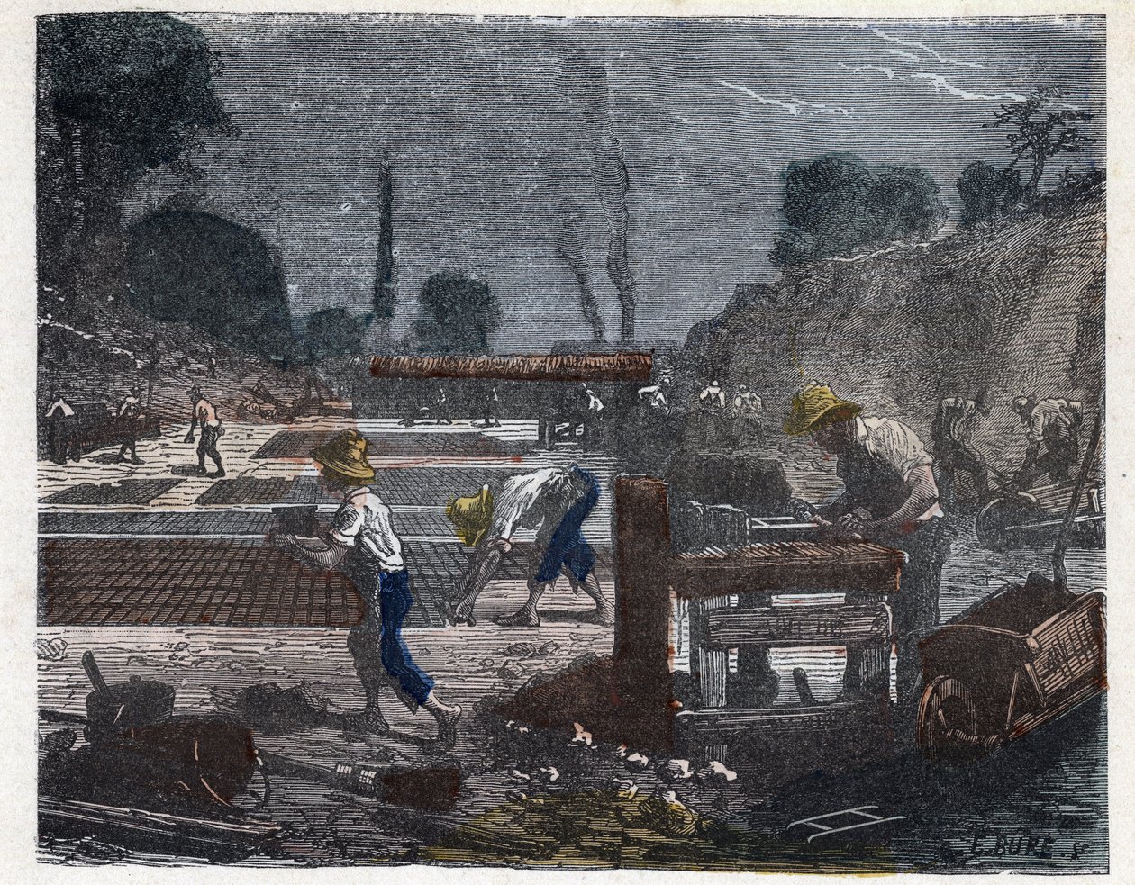 Manufacture of a brick in the 19th century: the mould worker fills his mold with clay paste, then the apprentice places the brick on the floor to dry it. Engraving late 19th century by Unknown artist