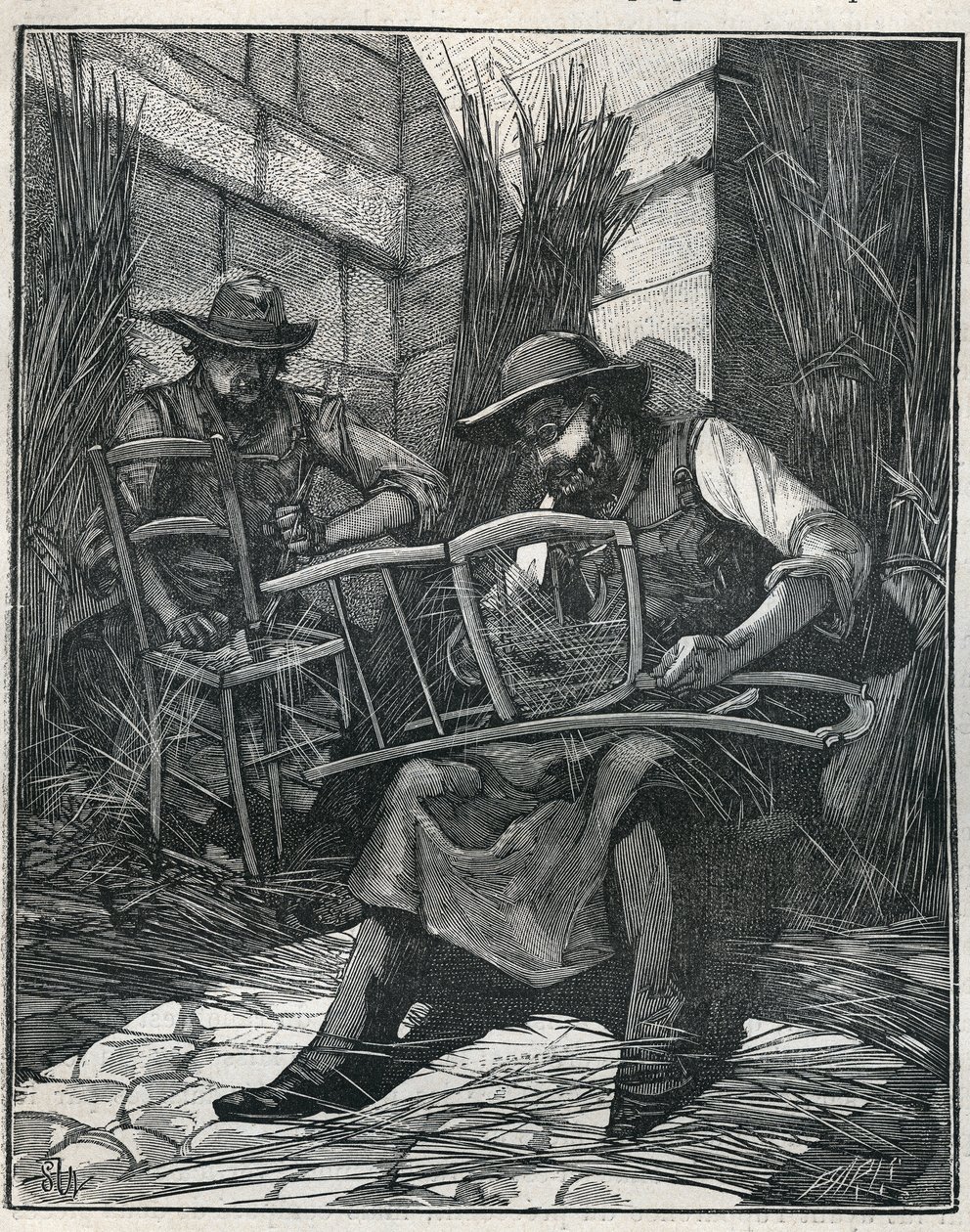 Manufacture of chairs: mulching and caning of chairs. Engraving from 1885 in 