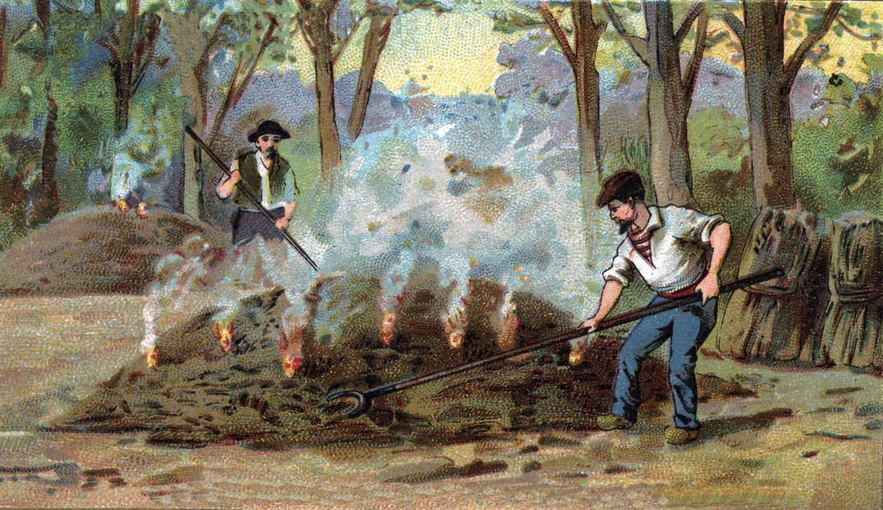 Manufacture of charcoal, combustion furnace. Chromolithography of the late 19th century by Unknown artist
