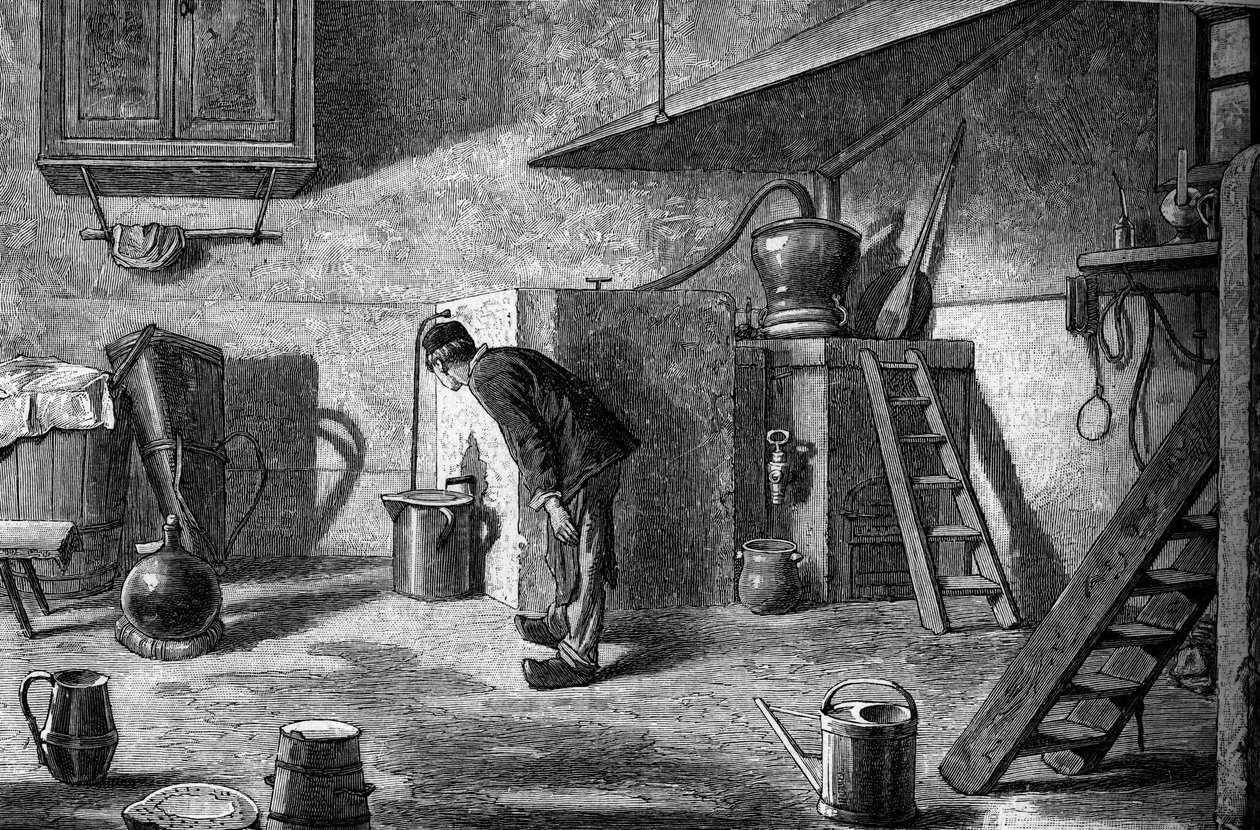 Manufacture of kirsch: distillation, castle of Isenberg in Alsace. Engraving in Le Journal de la jeunesse by Unknown artist