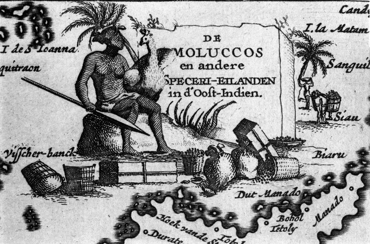 Map of the Molucca Archipelago in East Indonesia. Geographic map taken from Maps des Itineraires et voyages modernes by Pierre Vandier. 17th century by Unknown artist