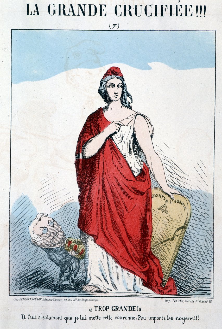 Marianne Holding Human Rights in Her Hand to Whom Thiers Wants to Put a Crown - Caricature by Unknown artist