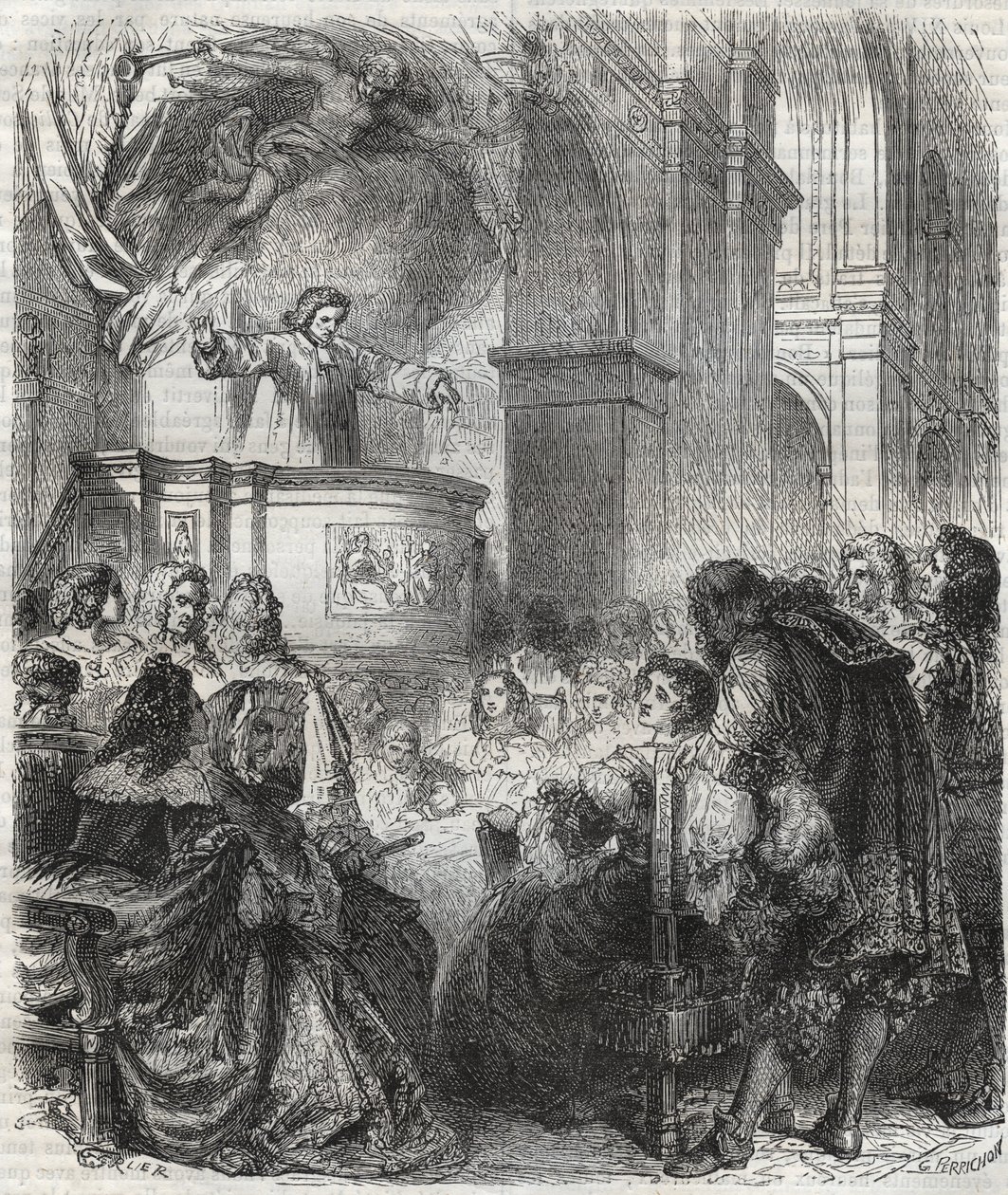Marie de Rabutin-Chantal, Marquise of Sevigne known as Madame de Sevigne (1626-1696), listening to Louis Bourdaloue (1632-1704) French at the church of Jesuits, Saint-Louis in Paris - engraving of 1866 by Unknown artist