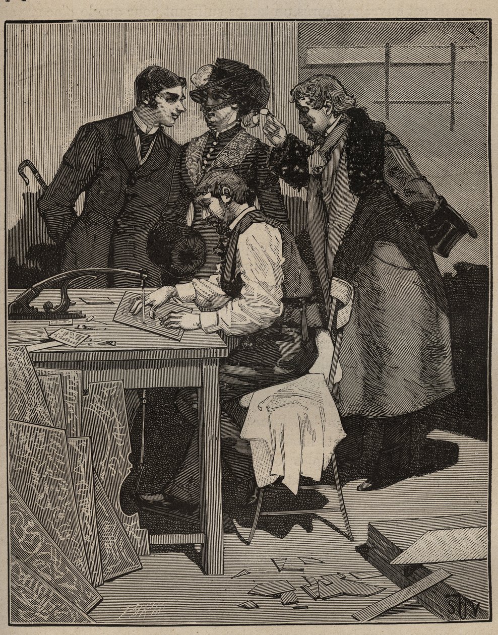 Marquetry: marquetry at work. Engraving from 1885 in 