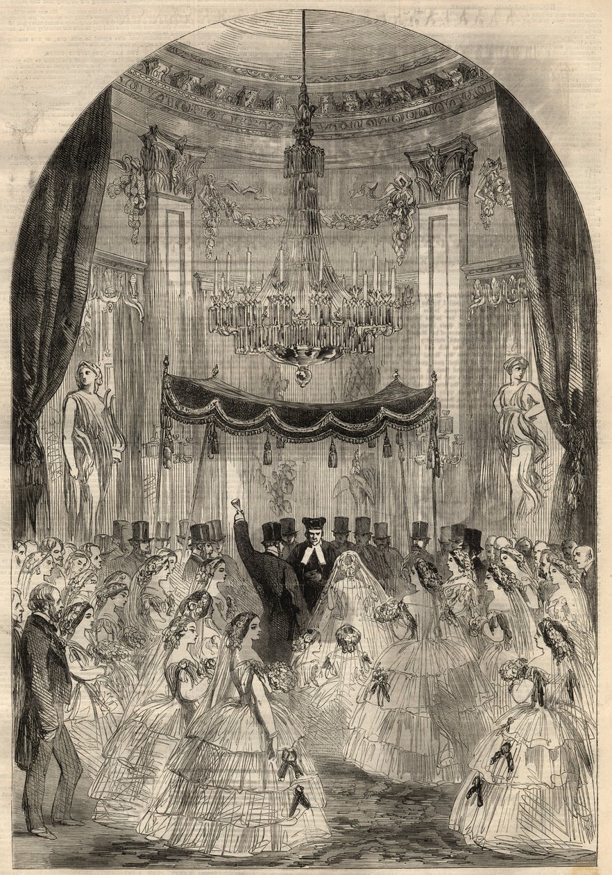 Marriage of Baron Alphonse de Rothschild and Leonora de Rothschild. The Mary learnt to throw a drink on the floor, the last stage of a Jewish marriage called the 