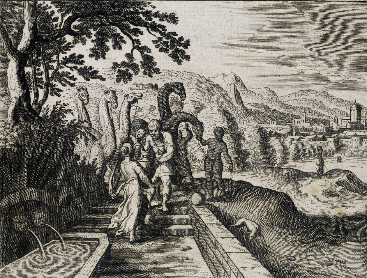 Marriage of Isaac and Rebecca. Engraving from a 17th century Bible by Unknown artist