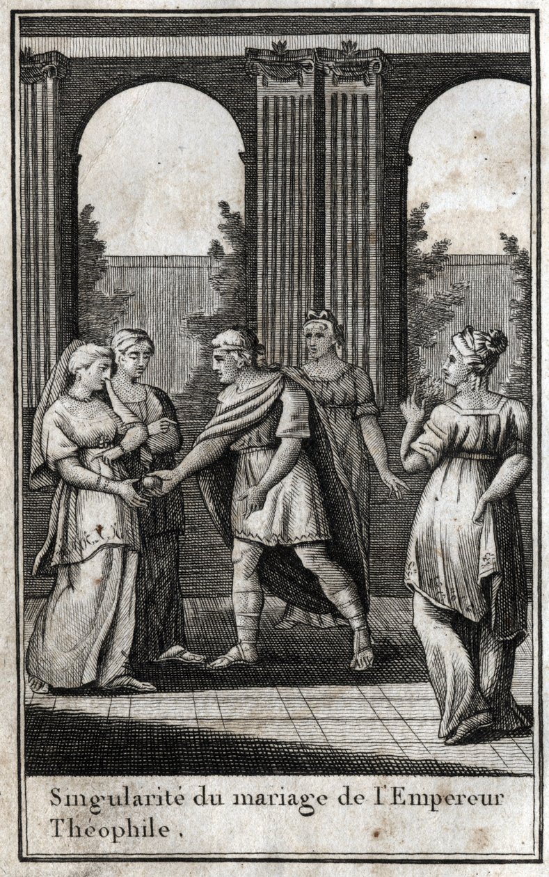Marriage of the Byzantine Emperor Theophile (813-842): having united the most beautiful women in the kingdom to find a wife, he chose Theodora and offered her a golden apple. Engraving in 