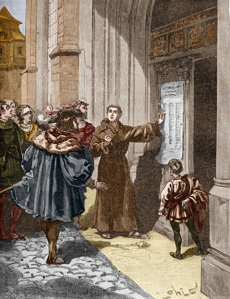 Martin Luther hanging his 95 theses in Wittenberg by Unknown artist