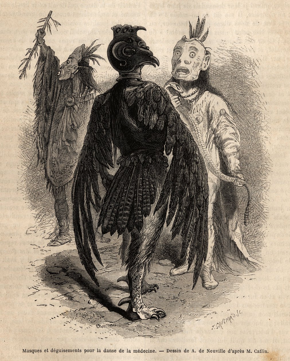 Masks and disguises for the dance of medicine among the Naya Indians. Engraving to illustrate an excursion among the Indian tribes of the basins of Colombia and Upper Missouri, by G. Catlin, in 1855, published in 