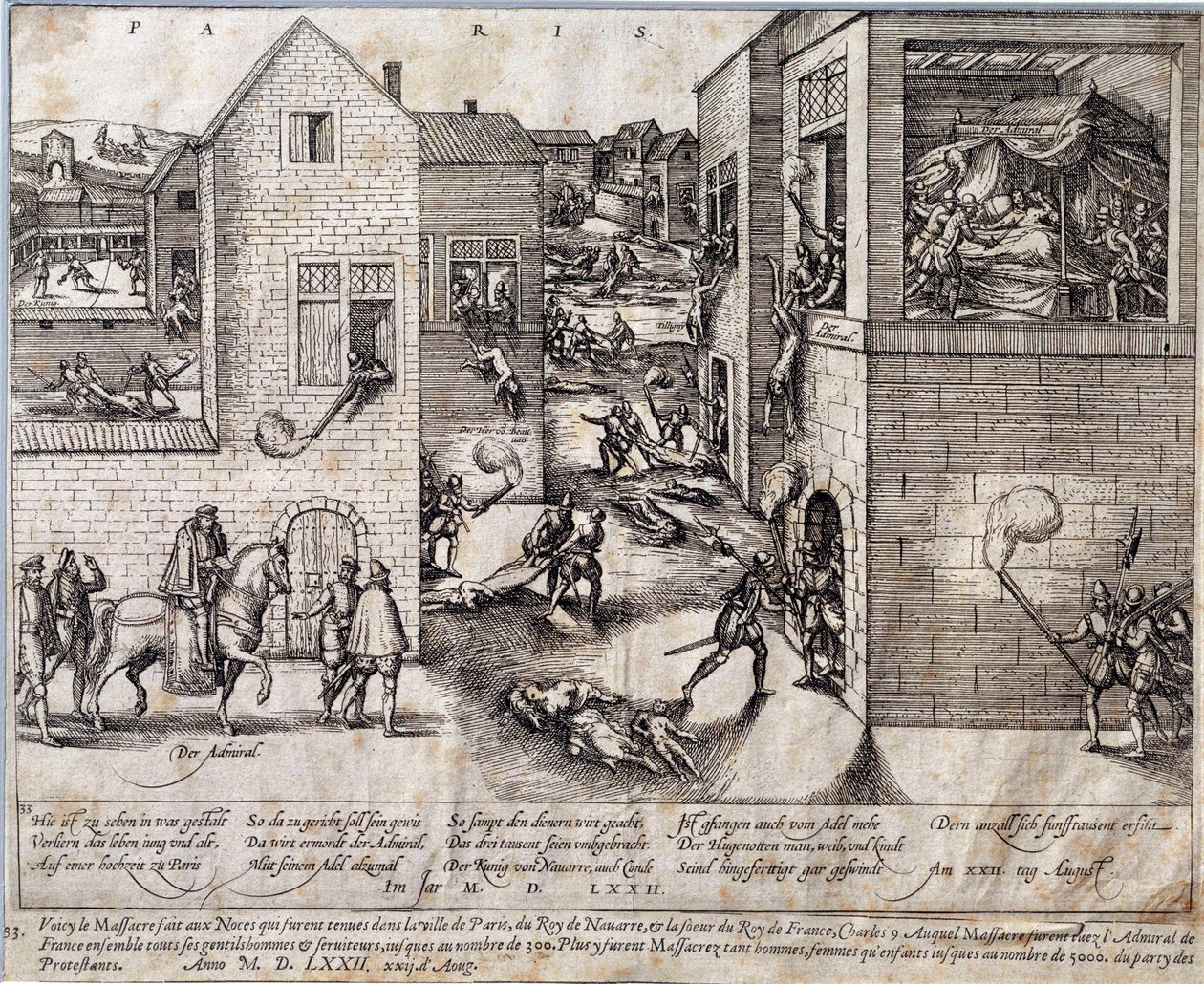 Massacre of Saint Bartholomew in Paris on the night of 24 August 1572. Engraving of the 16th century. Pau, Musee Du Chateau by Unknown artist