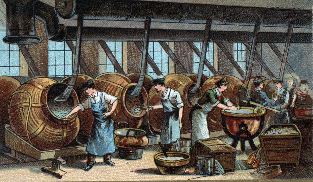 Mechanical manufacture of dragees. Chromolithography of the end of the 19th century by Unknown artist