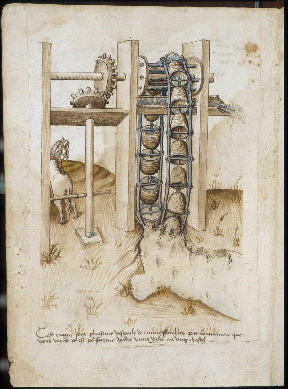 Mechanical System with a Wheel at the Force of a Horse to Dig the Earth - Manuscript: Parchment Sheet of an Engineer
