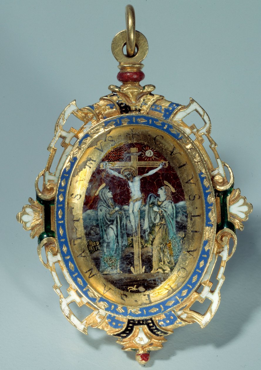 Medallion in email on round gold decorates crucifixion and flight to Egypt by Unknown artist