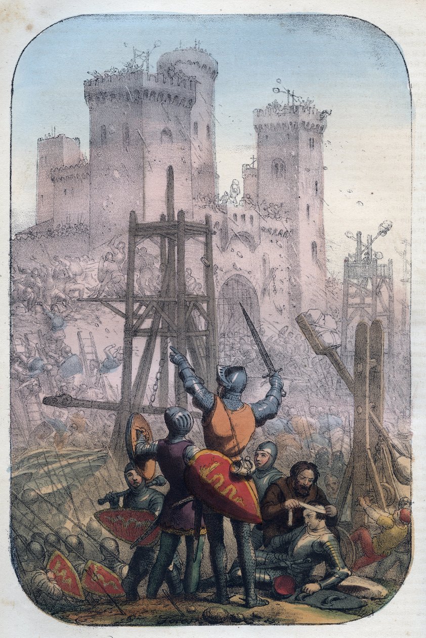 Medieval Life - Attacking and Defending a Castle - engraving from 