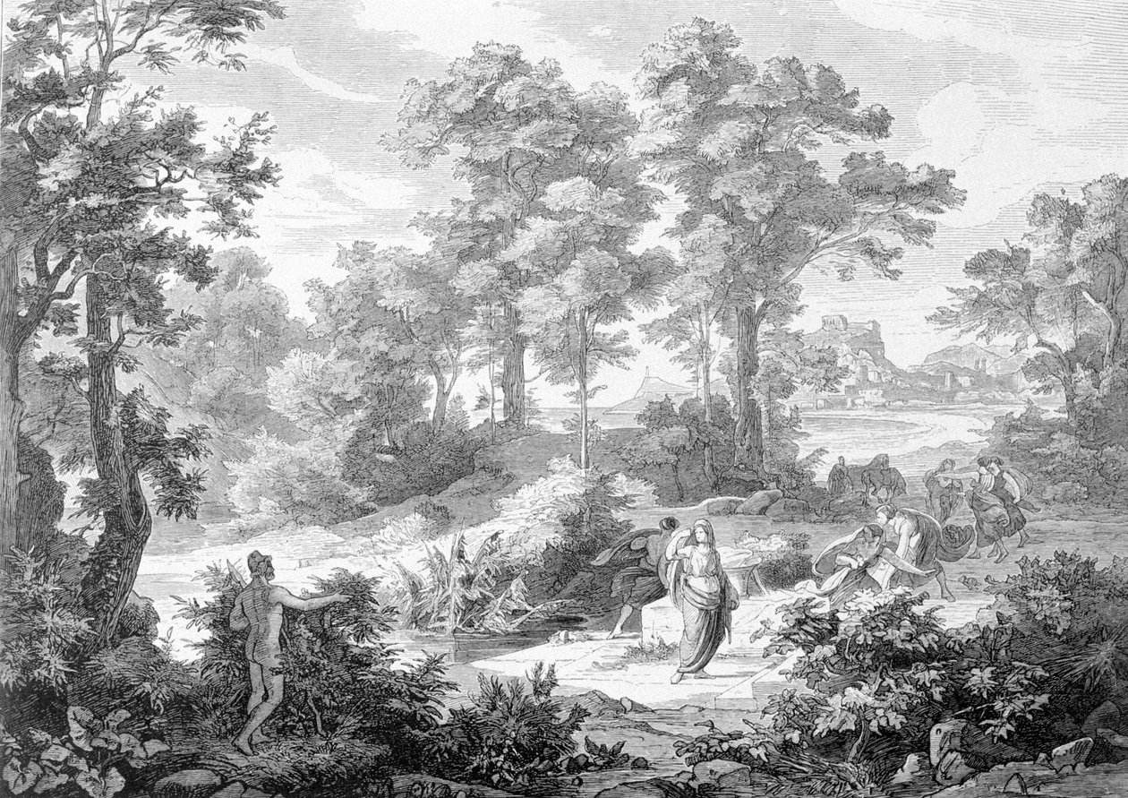 Meeting between Ulysses who was lying near a river and Nausicaa. Engraving from the end of the 19th century. by Unknown artist