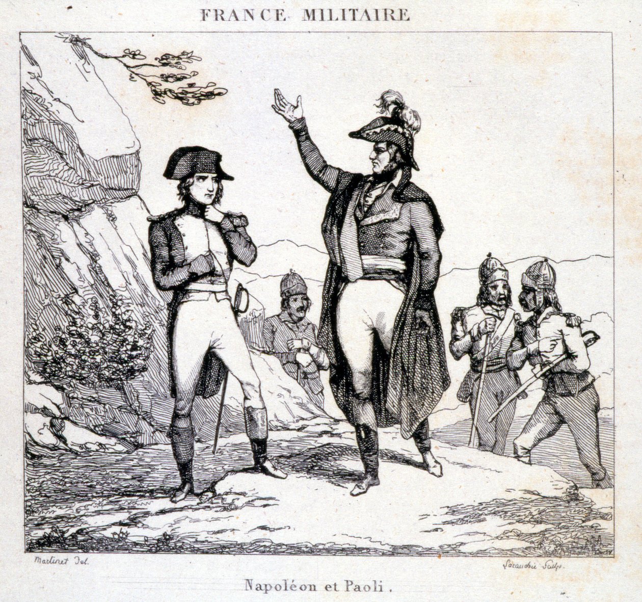 Meeting of Napoleon Bonaparte and Pasquale Paoli (1725 - 1807), Corsican Patriot. Engraving of the 19th century by Unknown artist