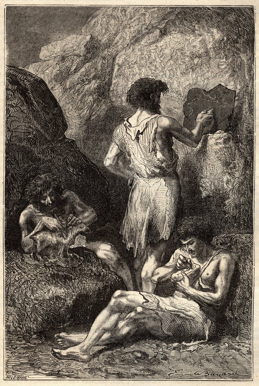 Men at the age of stone - Men at the age of stone - engraving of the 19th century by Unknown artist
