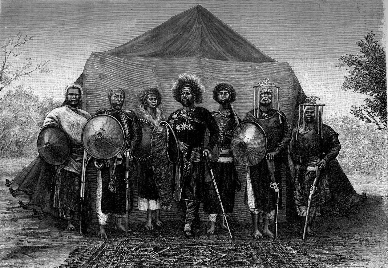 Menelik II, King of Ethiopia, Surrounded by His Army Chiefs. Engraving in Le Journal de la Jeunesse by Unknown artist