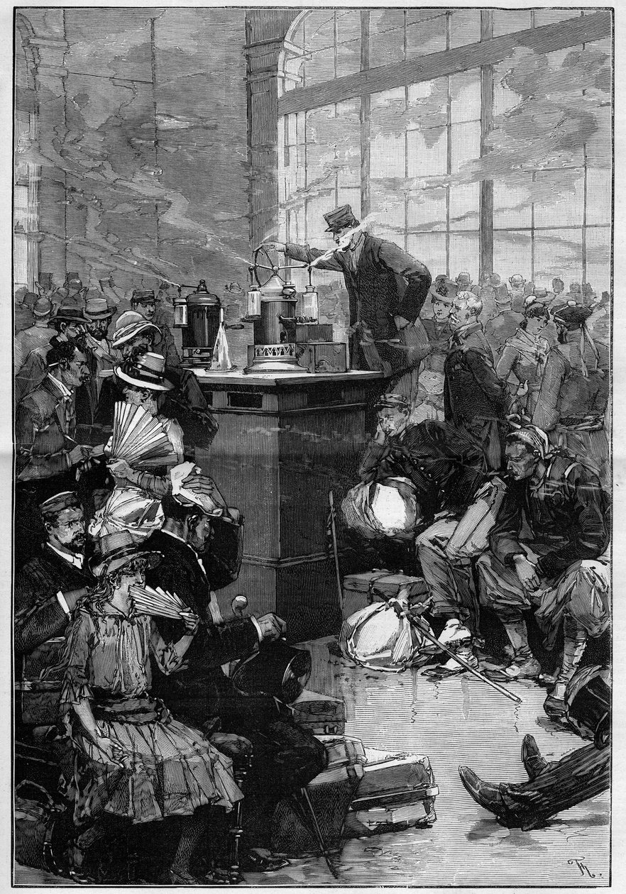 Measures taken against the cholera epidemic spread in Toulon: the disinfection room at the Lyon station, Paris. Engraving in 